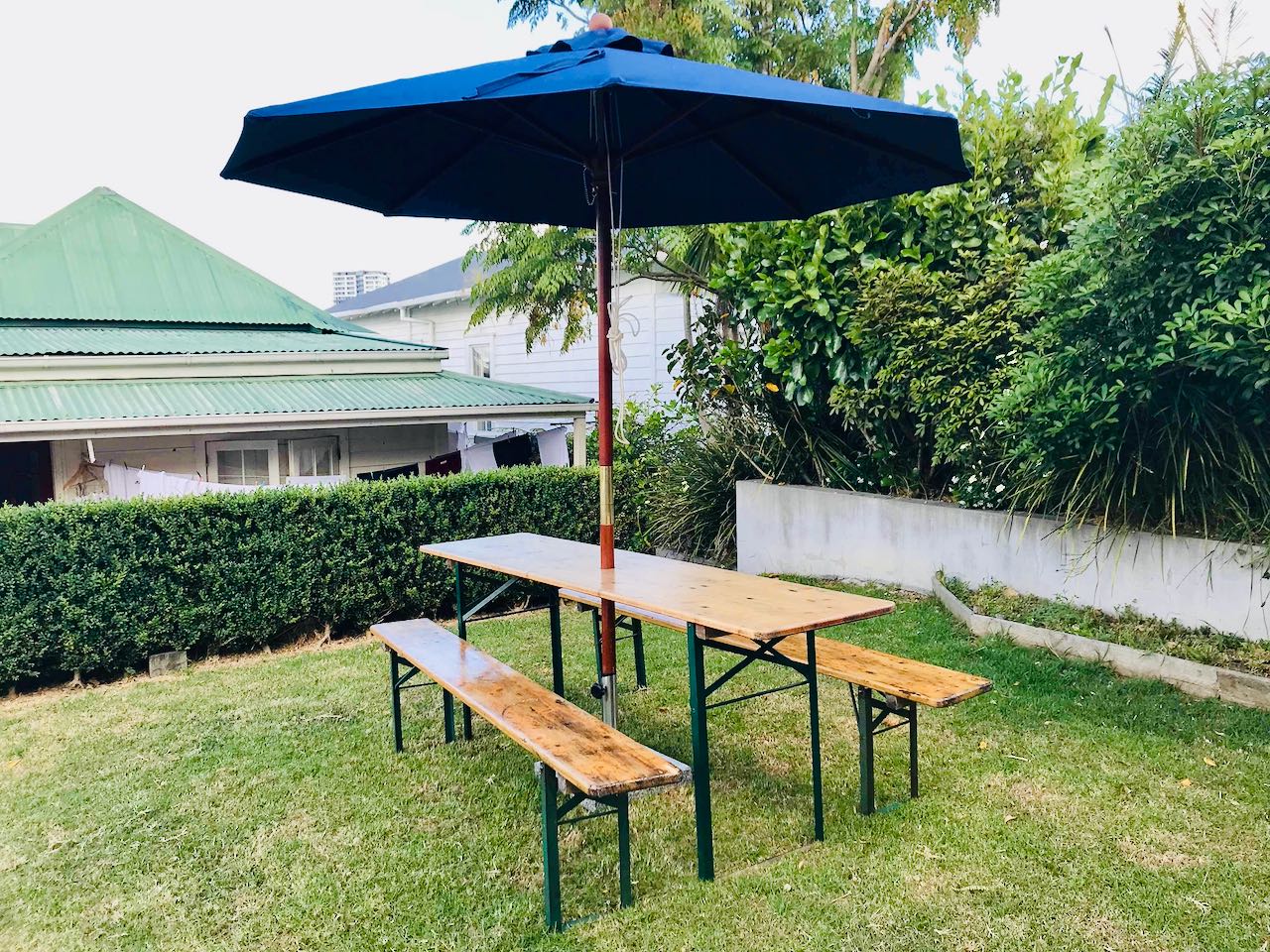 Vintage Table / Bench and Umbrella Set