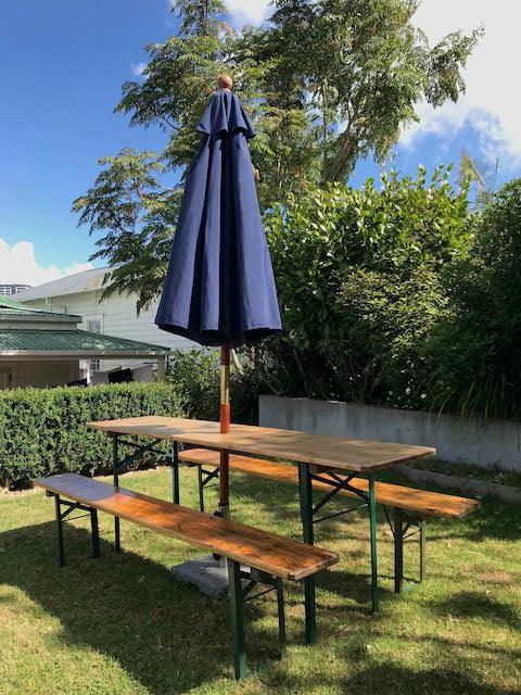Vintage Table / Bench and Umbrella Set