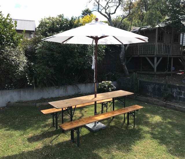 Vintage Table / Bench and Umbrella Set